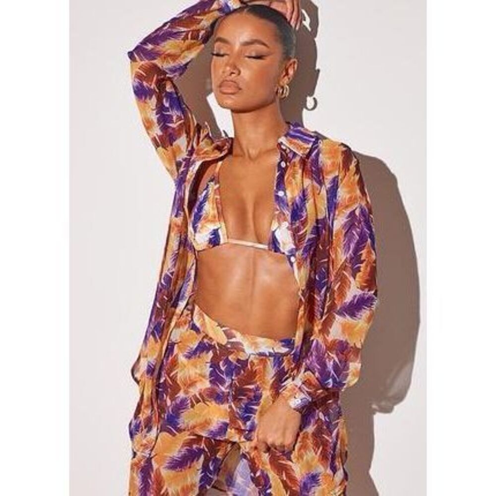PrettyLittleThing Purple Leaf Print Oversized Sheer Button Up Beach Shirt 12 NWT